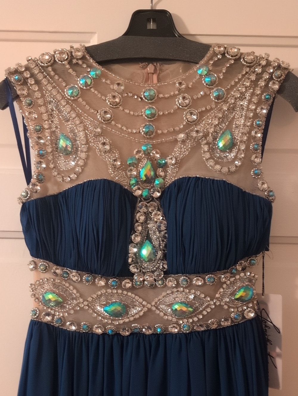 NWT - Jonathan Kayne - Sz 6 Beaded Sapphire Dress with Crystal Illusion Neckline